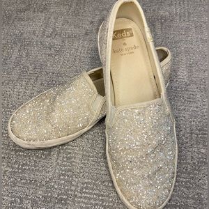USED Kate Spade x Keds slip ons, cream glitter, women’s size 8